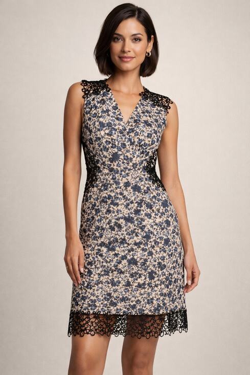 Elie Tahari Dresses & Skirts - Elie Tahari Floral Burnout Cocktail Dress 4 V-Neck Blue Black Soutache Lace
